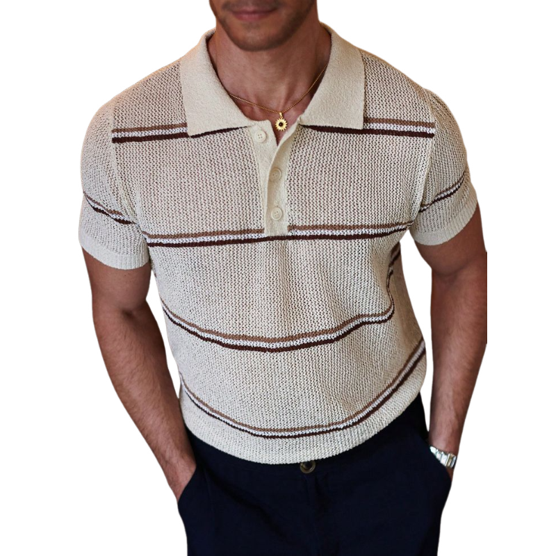T-shirt décontracté à manches courtes et revers pour homme, en jacquard rayé, tricoté ample, ASW1825C6M