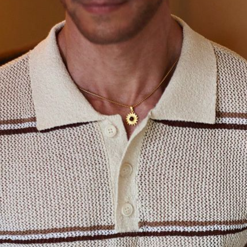 Men's Casual Lapel Striped Jacquard Loose Knitted Short Sleeve Sweater T-Shirt ASW1825C6M
