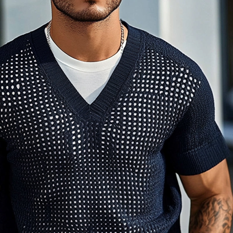 Men's Solid Color Knitted V-Neck Short Sleeve Sweater  T-Shirt ASW1899C8X