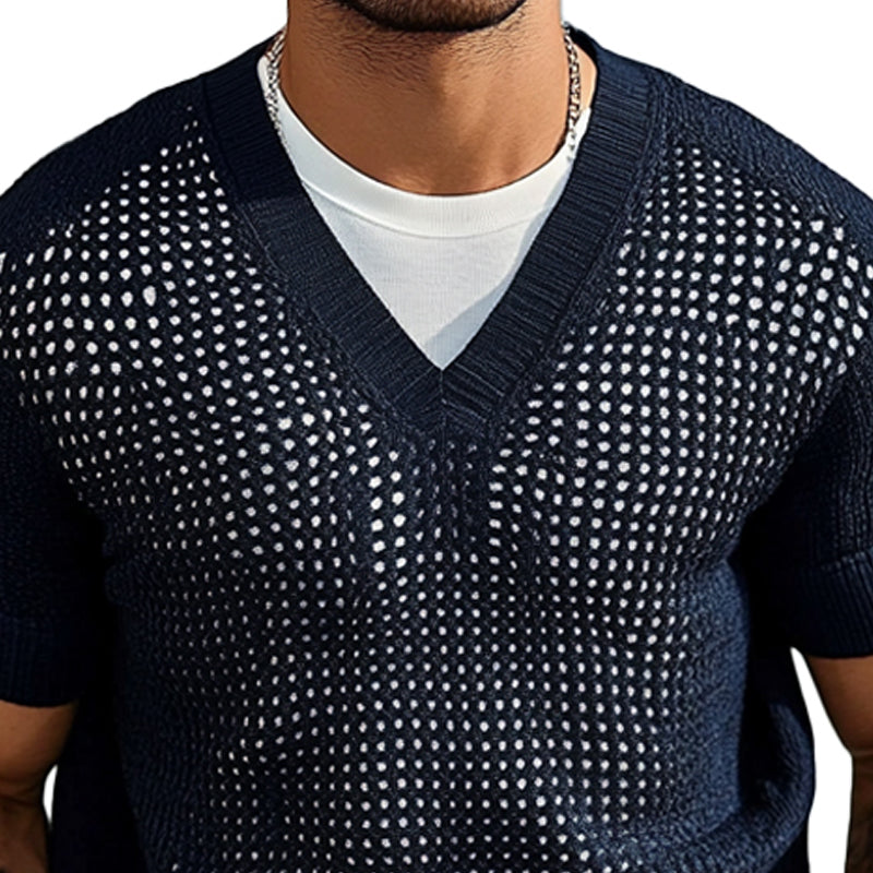 Men's Solid Color Knitted V-Neck Short Sleeve Sweater  T-Shirt ASW1899C8X