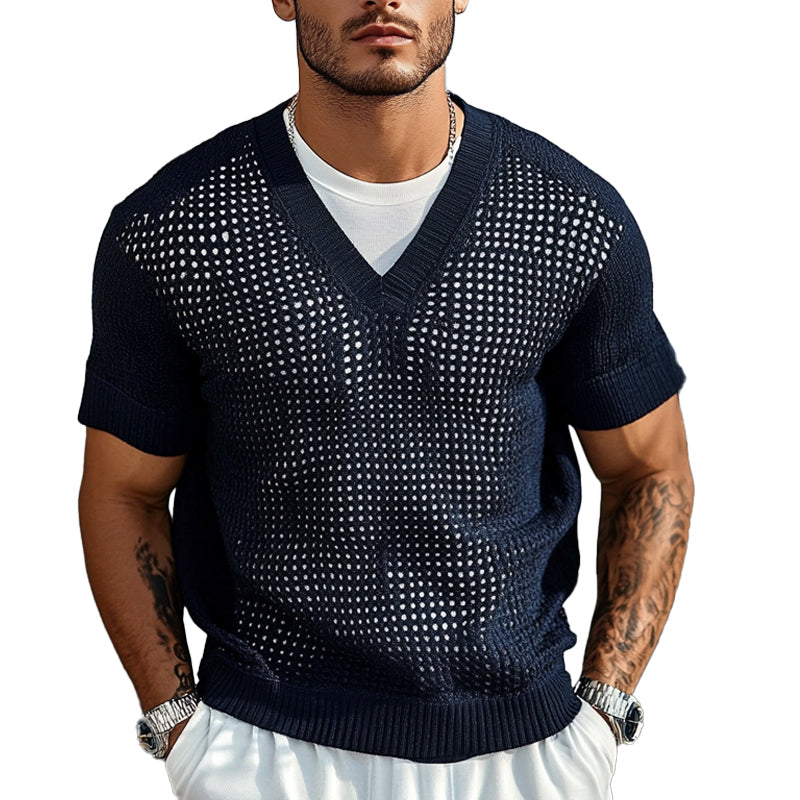 Men's Solid Color Knitted V-Neck Short Sleeve Sweater  T-Shirt ASW1899C8X