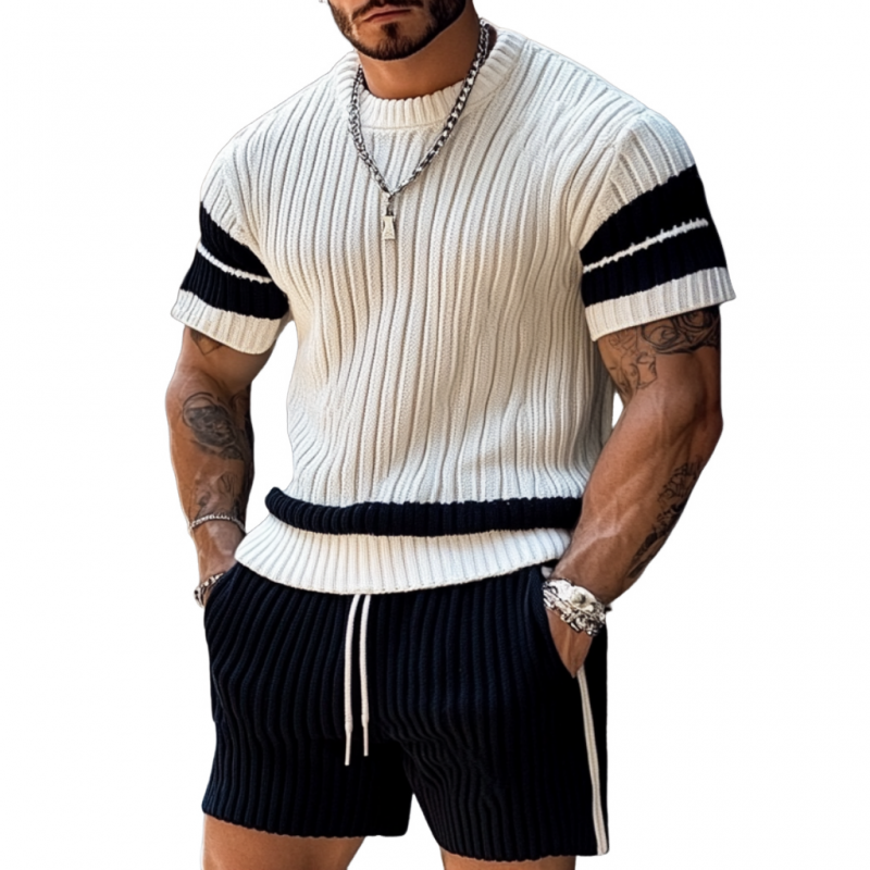 Men's Casual Contrast Color Round Neck Loose Short Sleeve Sweater Elastic Waist Shorts Set ASW1990C2M