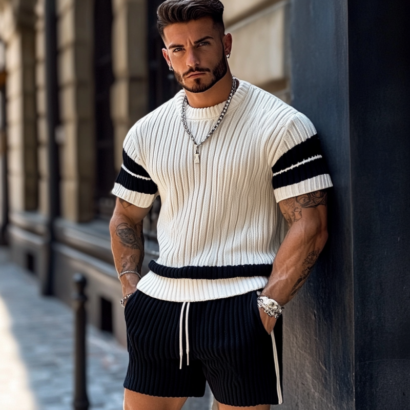 Men's Casual Contrast Color Round Neck Loose Short Sleeve Sweater Elastic Waist Shorts Set ASW1990C2M