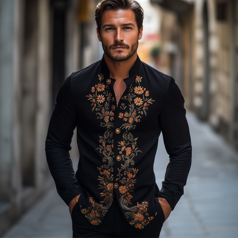 Men's Spring and Autumn Retro Embroidered Stand Collar Long Sleeve Shirt