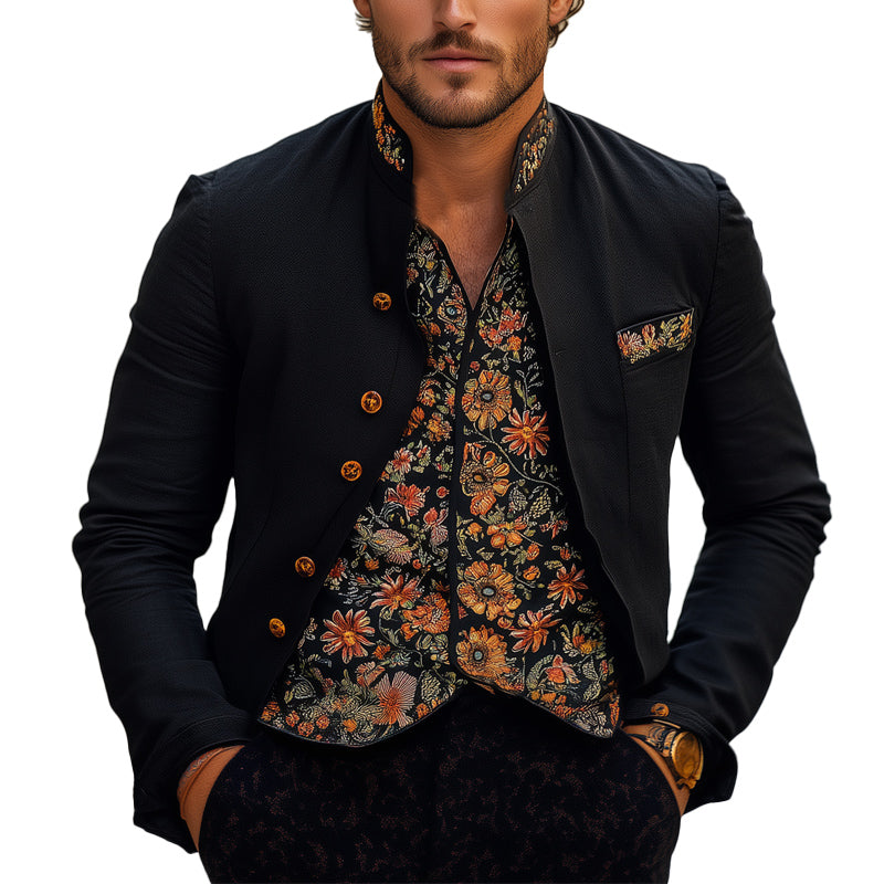 Men's Spring and Autumn Black Vintage Embroidered Stand Collar Jacket