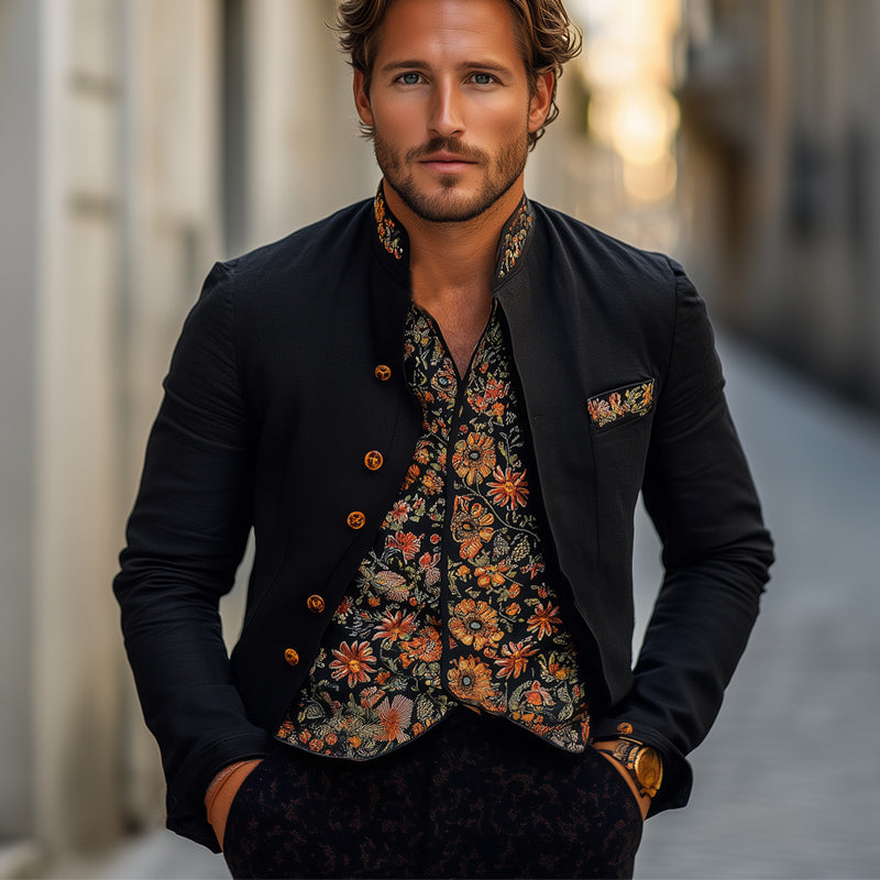 Men's Spring and Autumn Black Vintage Embroidered Stand Collar Jacket