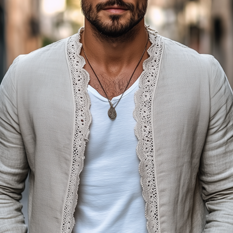 Men's Spring New Retro Casual Ethnic Style Lace Stitching Cotton and Linen Cardigan