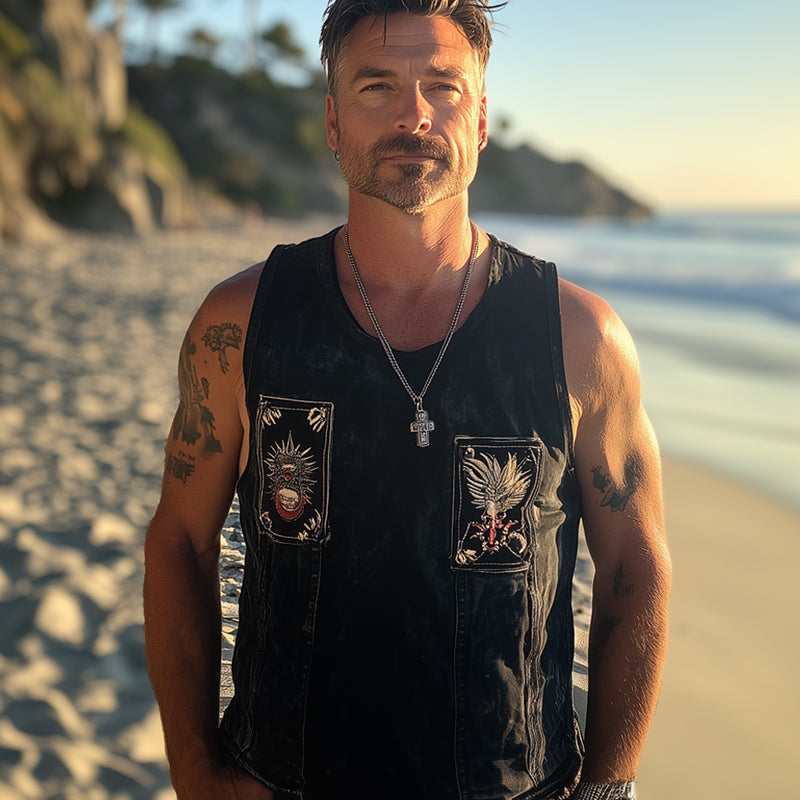 Men's Summer Retro Washed Distressed Denim Embroidered Tank Top