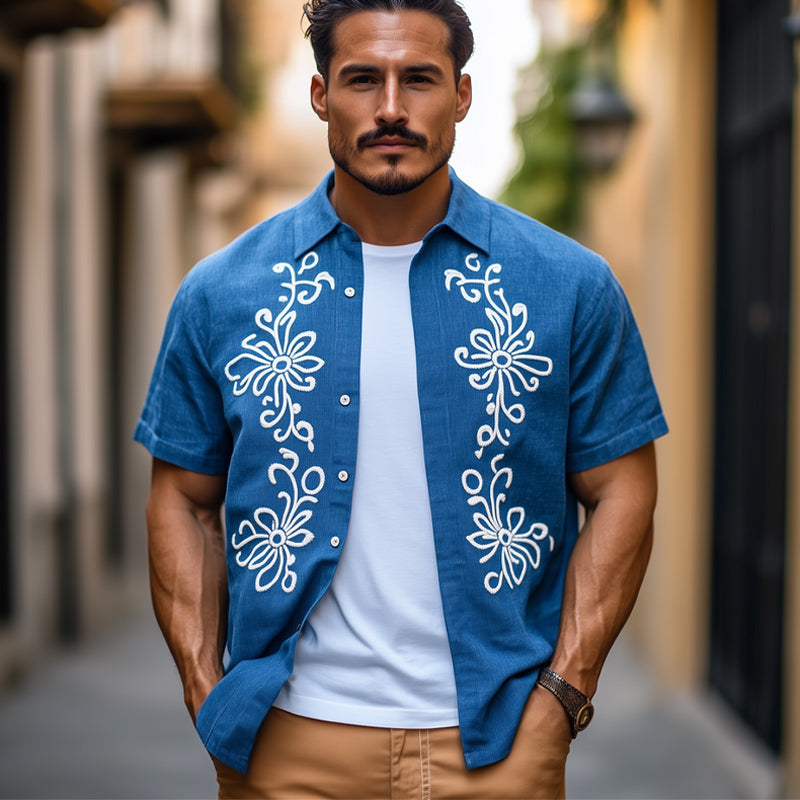 Chemise décontractée à manches courtes en coton pour homme, style vintage brodé