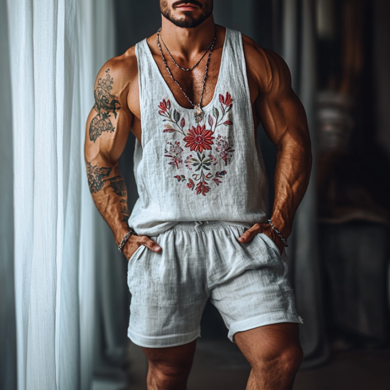 Ensemble décontracté en lin pour homme avec broderie florale, débardeur ample à col en U et short à taille élastique