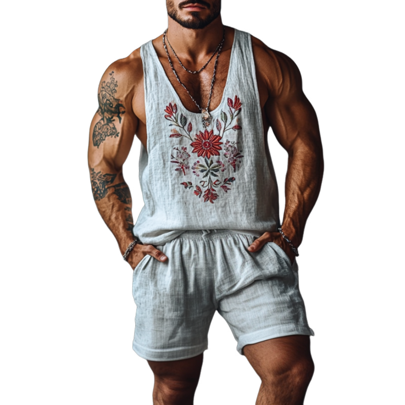 Ensemble décontracté en lin pour homme avec broderie florale, débardeur ample à col en U et short à taille élastique