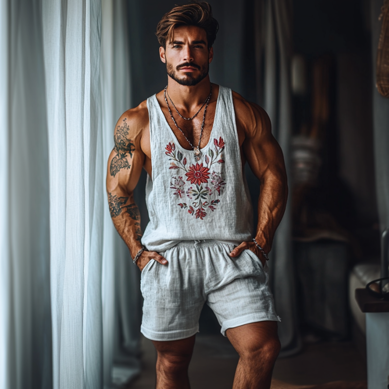 Ensemble décontracté en lin pour homme avec broderie florale, débardeur ample à col en U et short à taille élastique