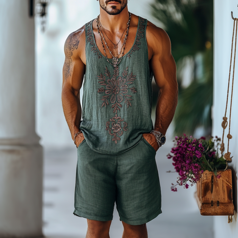 Ensemble décontracté en lin pour homme avec broderie florale, débardeur ample à col en U et short à taille élastique