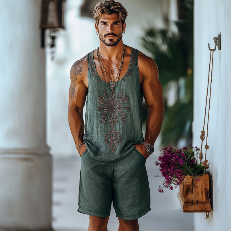 Ensemble décontracté en lin pour homme avec broderie florale, débardeur ample à col en U et short à taille élastique