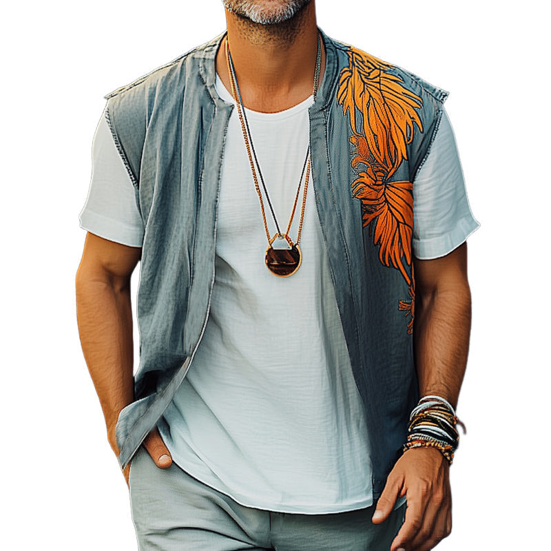 Gilet brodé colorblock en denim délavé pour homme