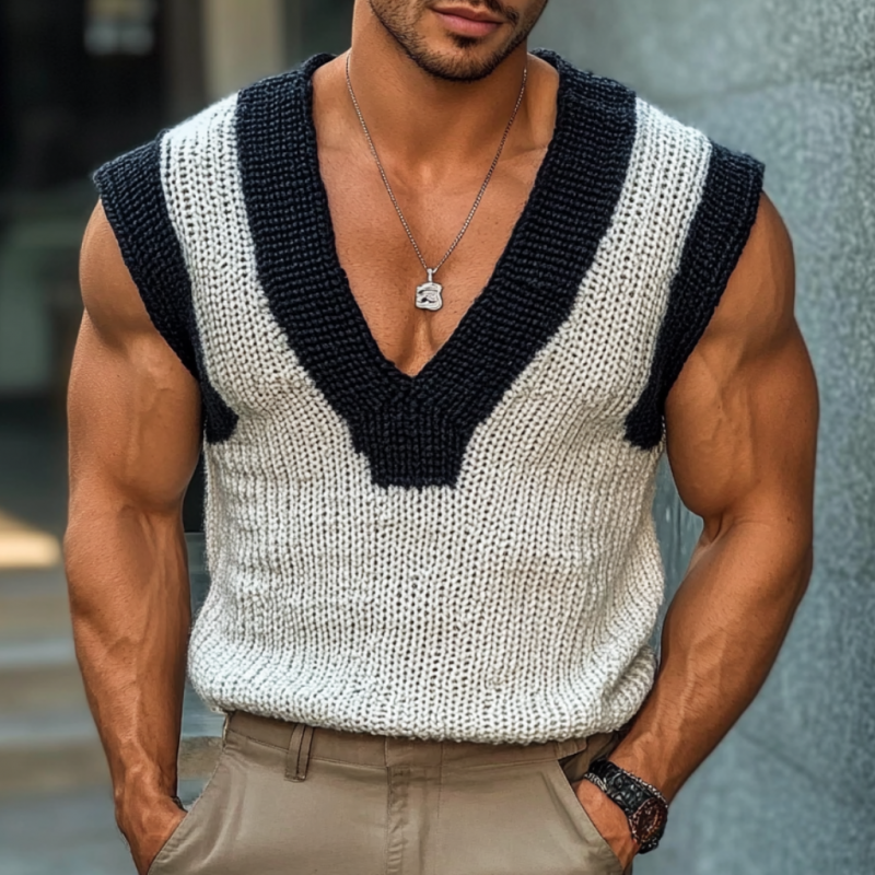 Men's Casual V Neck Contrast Color Slim Knitted Vest ASW2151C6M