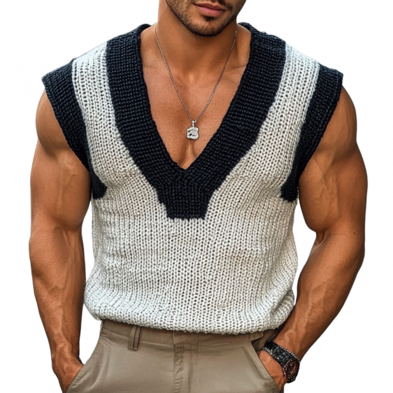 Men's Casual V Neck Contrast Color Slim Knitted Vest ASW2151C6M