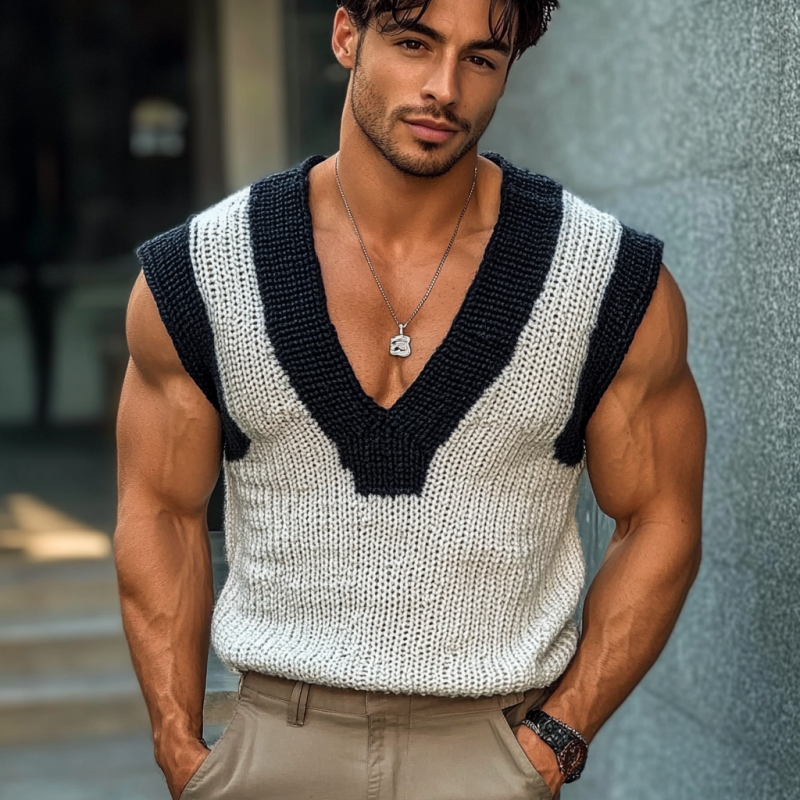 Men's Casual V Neck Contrast Color Slim Knitted Vest ASW2151C6M