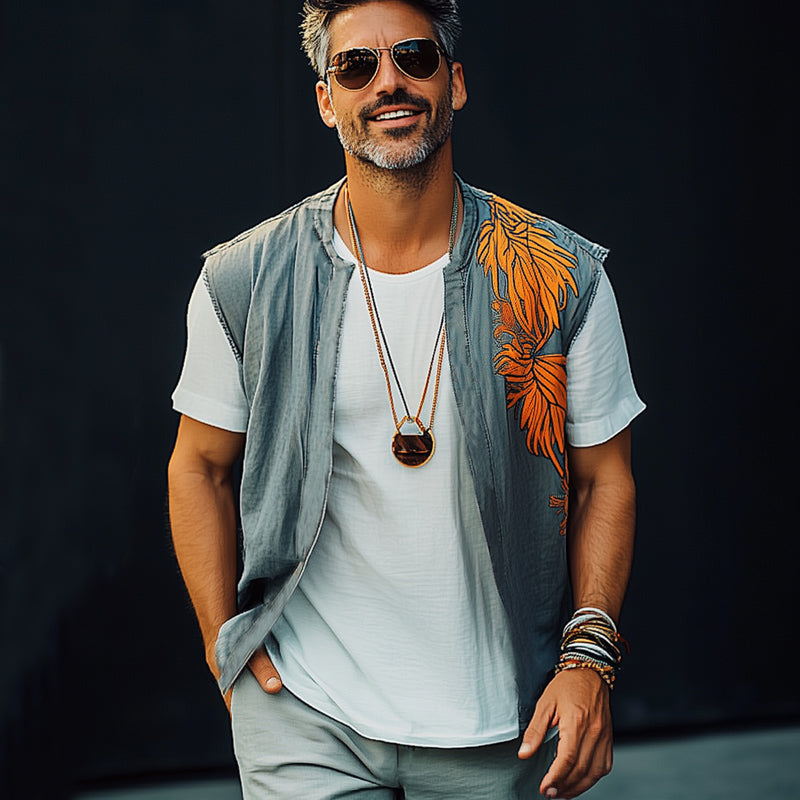 Gilet brodé colorblock en denim délavé pour homme