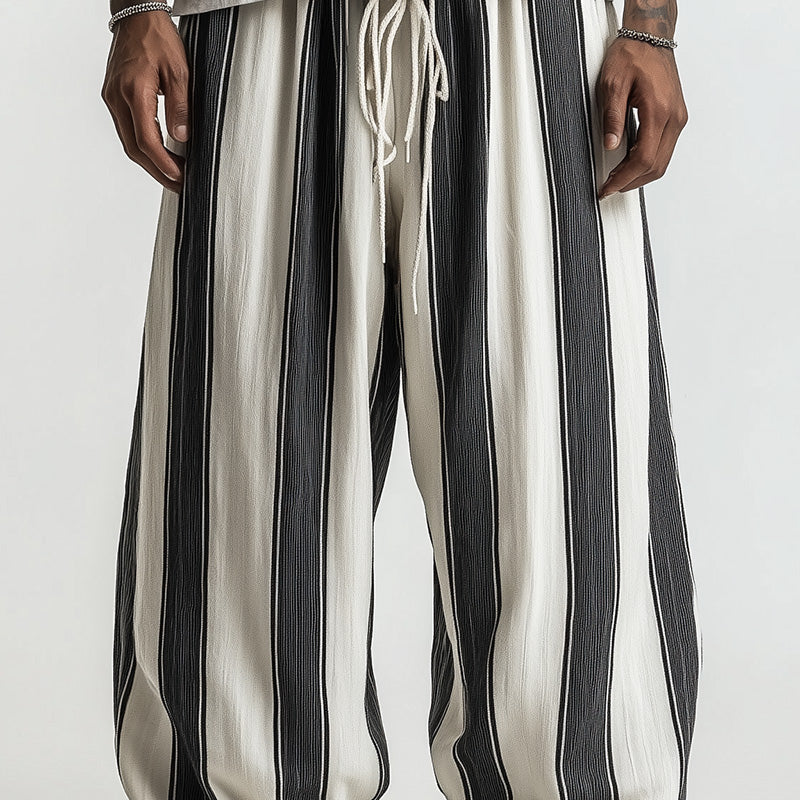 Men's Black And White Wide Striped Casual Trousers