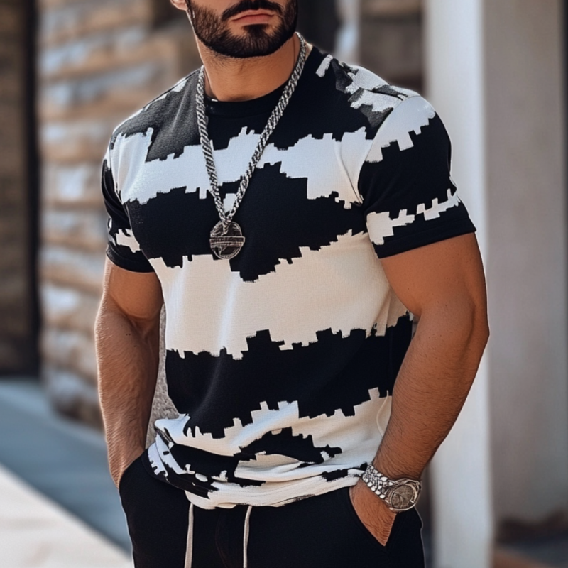 T-shirt décontracté à manches courtes et col rond en jacquard contrasté pour homme, coupe ajustée, tricoté, MTA2451C0M