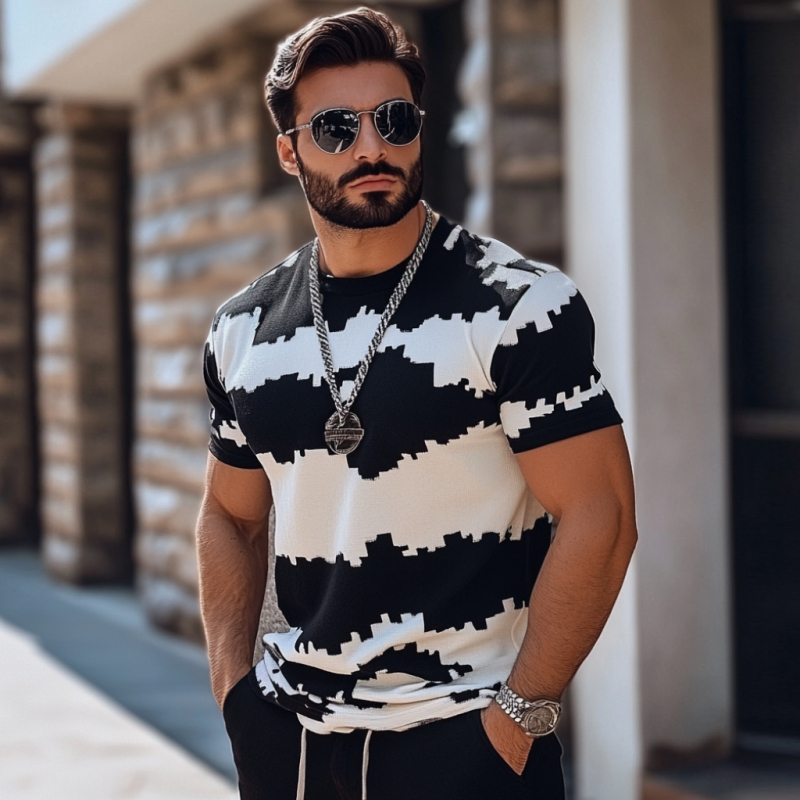 T-shirt décontracté à manches courtes et col rond en jacquard contrasté pour homme, coupe ajustée, tricoté, MTA2451C0M