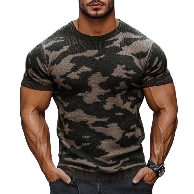 Men's Outdoor Camouflage Jacquard Round Neck Slim Fit Knitted Short Sleeve Sweater T-Shirt ASW2483C5M