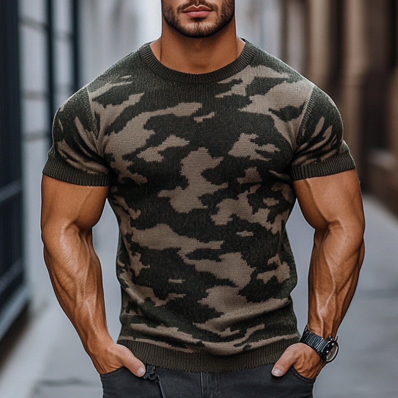 Men's Outdoor Camouflage Jacquard Round Neck Slim Fit Knitted Short Sleeve Sweater T-Shirt ASW2483C5M