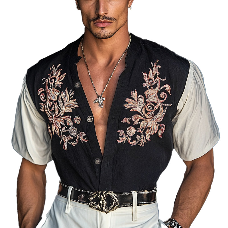 Chemise à manches courtes brodée contrastée pour homme