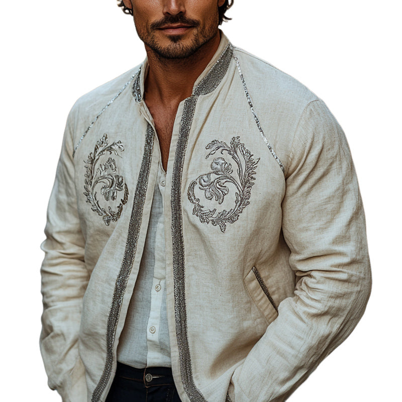 Men's Spring Fashion Embroidered Cotton and Linen Jacket