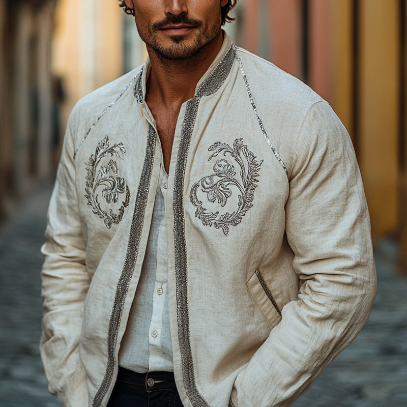 Men's Spring Fashion Embroidered Cotton and Linen Jacket
