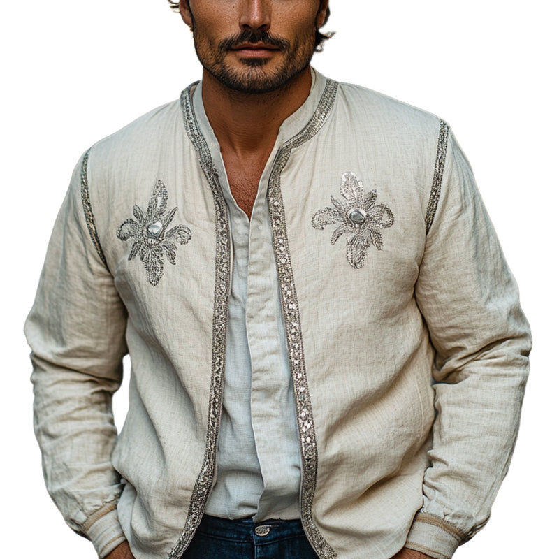 Men's Spring and Autumn Cotton and Linen Fashion Embroidered Jacket