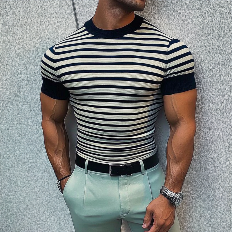 T-shirt décontracté à manches courtes et col rond pour homme, tricot rayé, ample, MTA2517C0M
