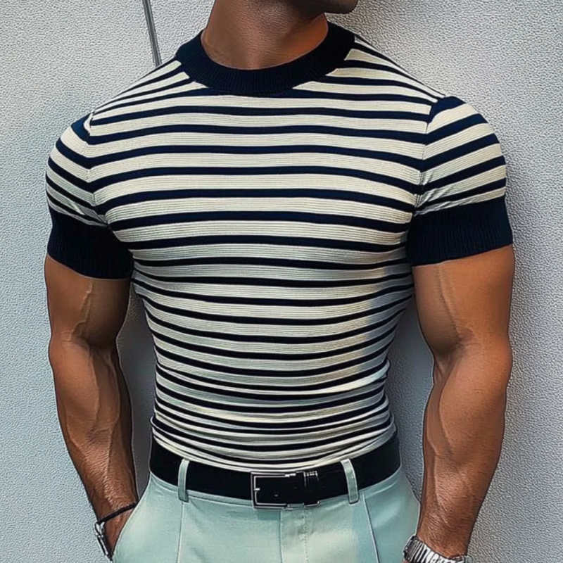 T-shirt décontracté à manches courtes et col rond pour homme, tricot rayé, ample, MTA2517C0M