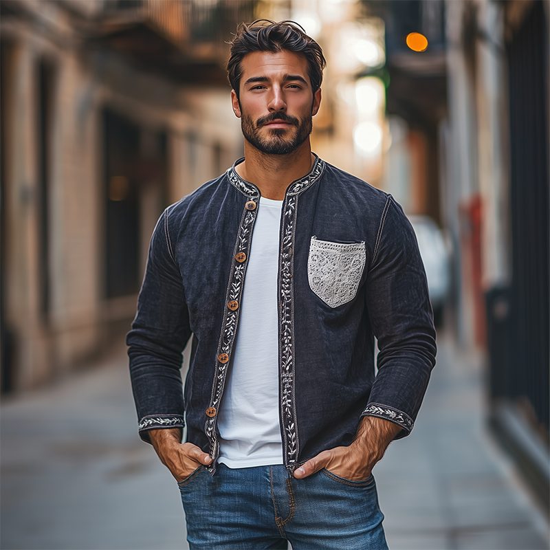 Men's Spring Fashion Retro Lace Splicing Cotton and Linen Long Sleeve Shirt