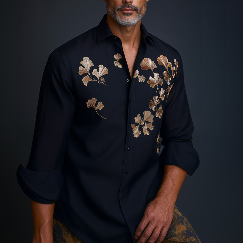 Men's Spring Embroidered Long Sleeve Business Casual Shirt