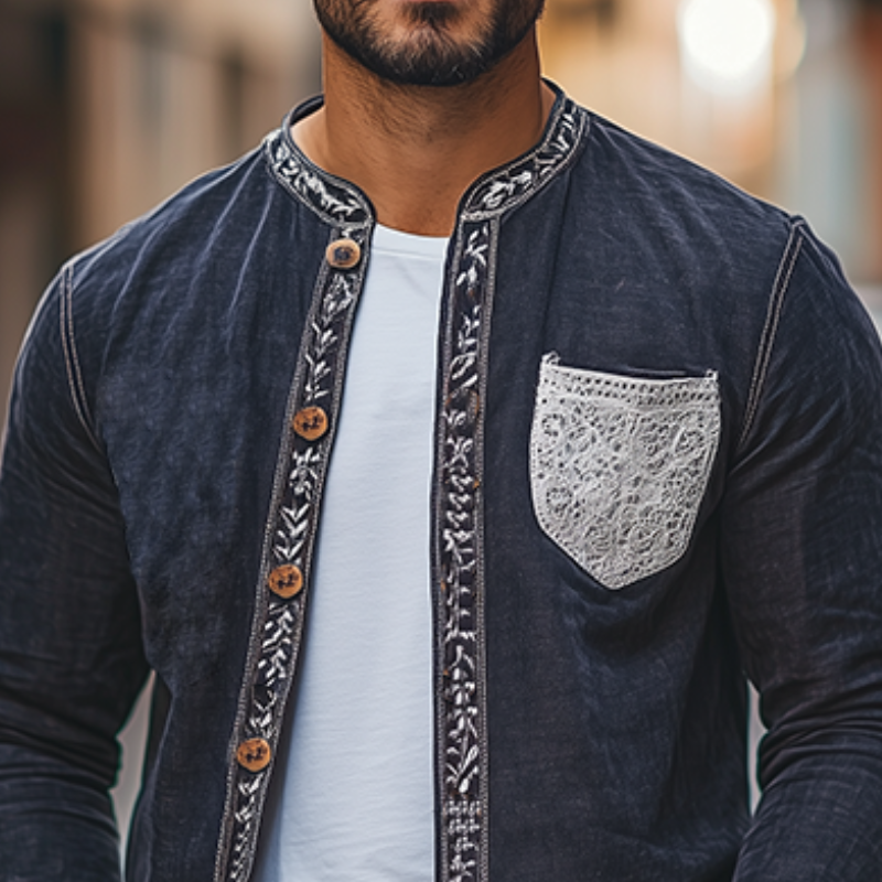 Men's Spring Fashion Retro Lace Splicing Cotton and Linen Long Sleeve Shirt