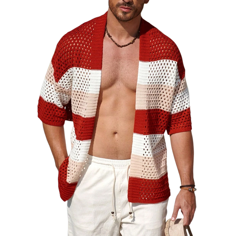 Gestreifte Herren-Strickjacke mit kurzen Ärmeln ASW2841C3X