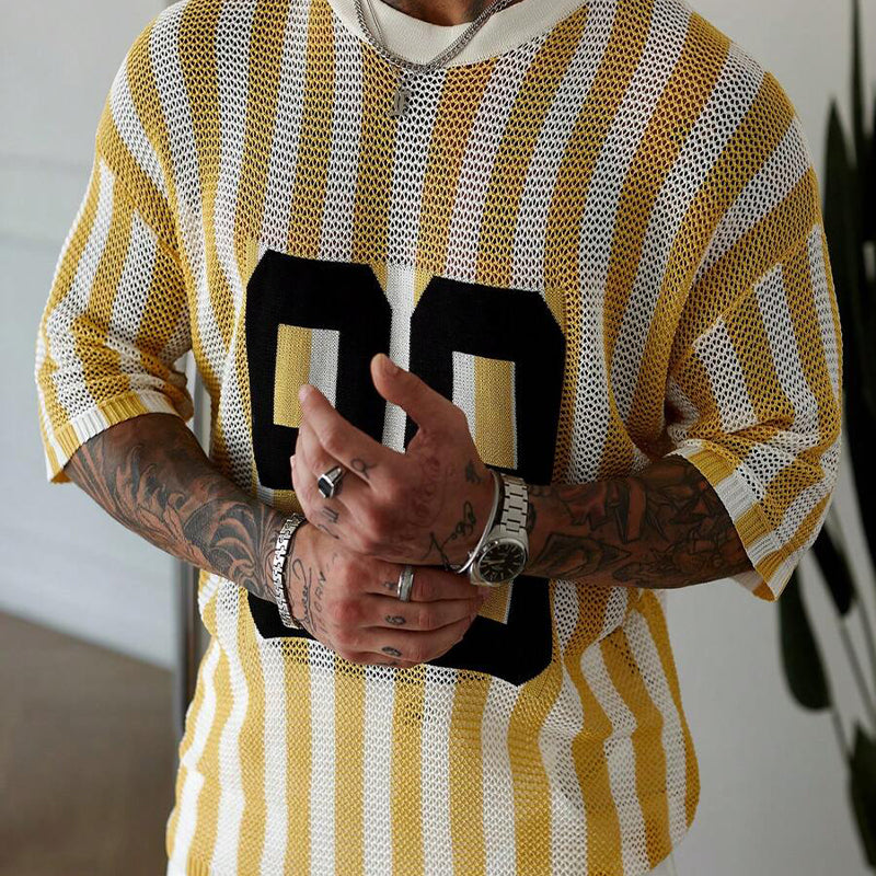 Men's Striped Monogram Jacquard Short-Sleeved Knitted T-Shirt ASW2807C5X