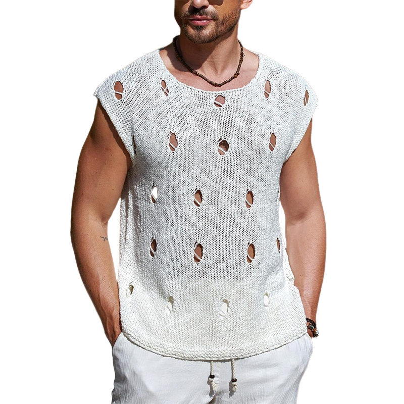Men's Solid Color Ripped Crew Neck Knit Tank Tops ASW2813C9X