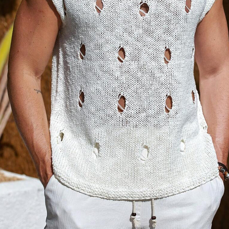 Men's Solid Color Ripped Crew Neck Knit Tank Tops ASW2813C9X