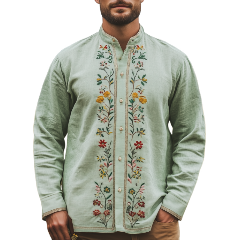 Men's Spring and Summer Fashion Retro Casual Stand-up Collar Embroidered Long-sleeved Shirt