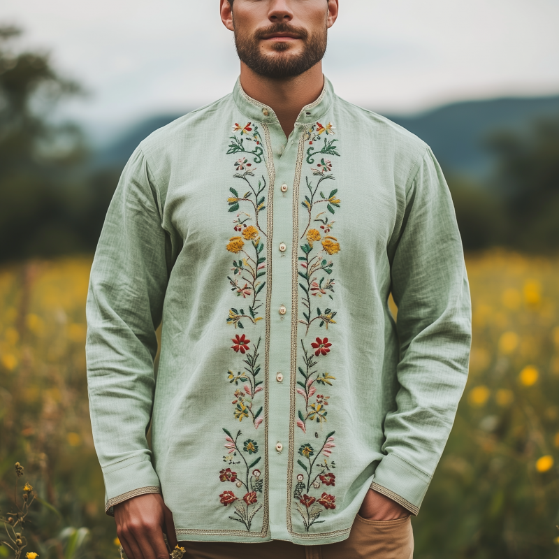 Men's Spring and Summer Fashion Retro Casual Stand-up Collar Embroidered Long-sleeved Shirt