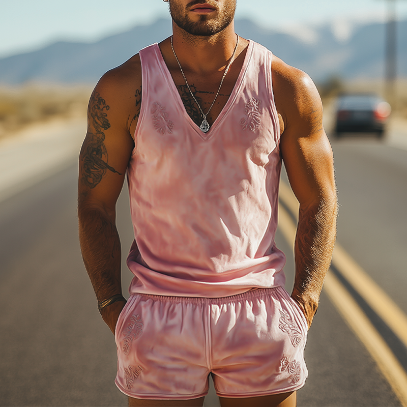 Ensemble débardeur et short en daim brodé pour homme, coupe slim décontractée, mode printemps