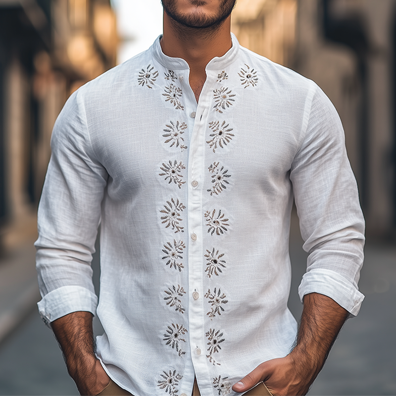 Men's Spring Fashion Retro Stand Collar Embroidered Cotton and Linen Long Sleeve Shirt