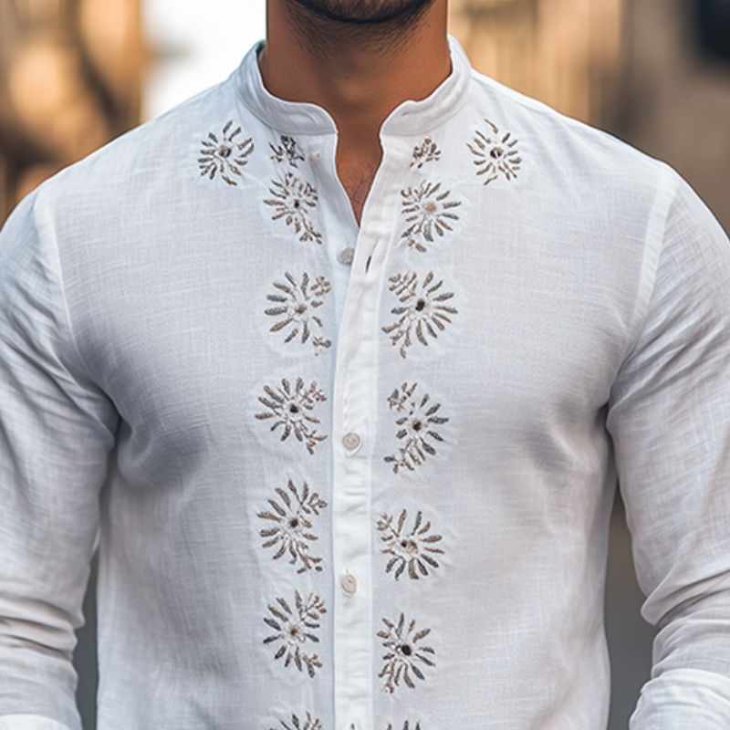 Men's Spring Fashion Retro Stand Collar Embroidered Cotton and Linen Long Sleeve Shirt