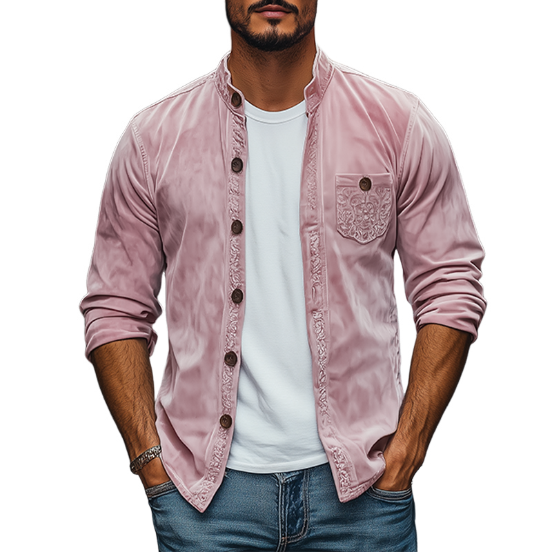 Chemise à manches longues en daim brodé à col montant pour homme, style décontracté, mode printemps
