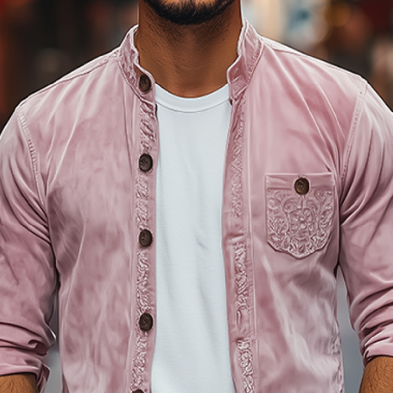 Chemise à manches longues en daim brodé à col montant pour homme, style décontracté, mode printemps