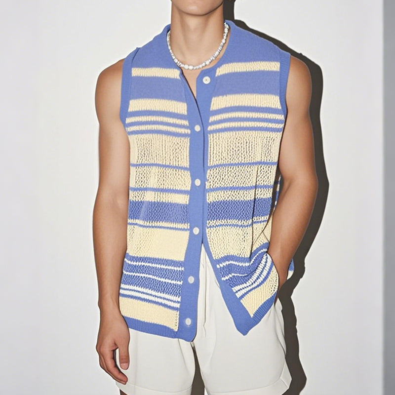 Men's Casual Contrast Color Striped Round Neck Single Breasted Knitted Sleeveless Shirt ASW3182C0M