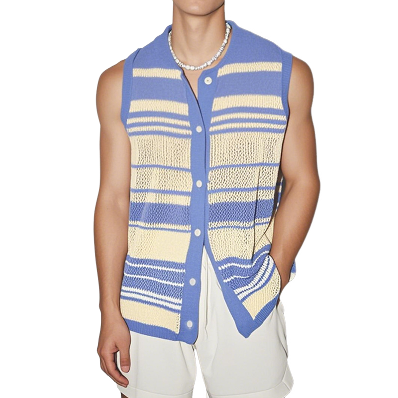 Men's Casual Contrast Color Striped Round Neck Single Breasted Knitted Sleeveless Shirt ASW3182C0M